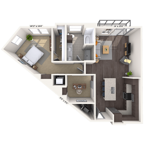 Floor plan for 1 bed, 1 bath, 969 sqft
